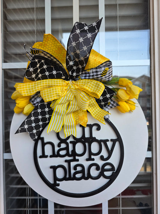 "Our Happy Place" Bumble Bee Wooden Door Hanger