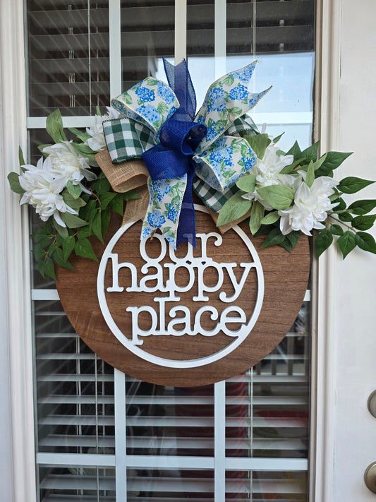 Blue Flower Happy Place Door Decor